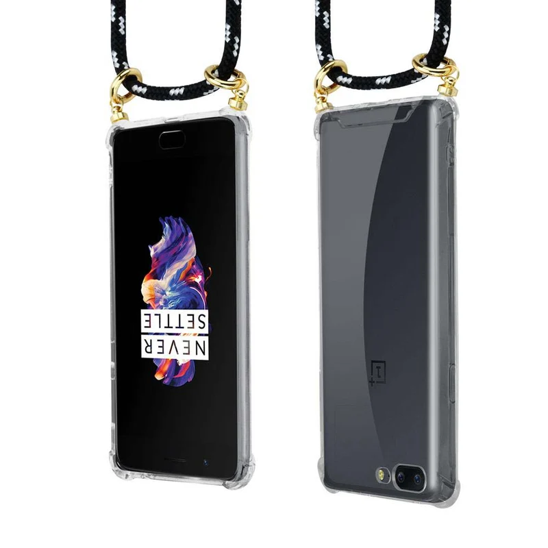 Cadorabo Handy Kette kompatibel mit OnePlus 5 Silikon Schutzhülle mit Gold Ringen, Kordel Band und abnehmbarem Etui