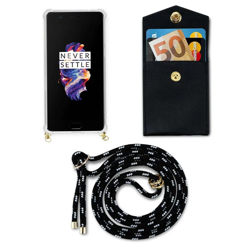 Cadorabo Handy Kette kompatibel mit OnePlus 5 Silikon Schutzhülle mit Gold Ringen, Kordel Band und abnehmbarem Etui