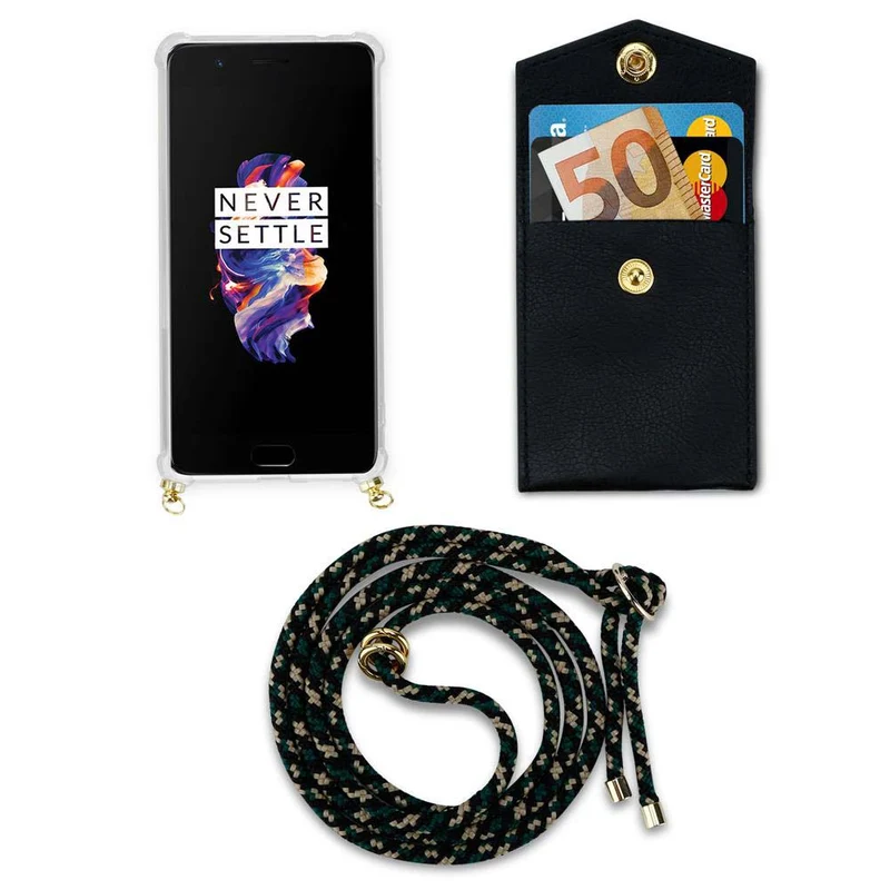 Cadorabo Handy Kette kompatibel mit OnePlus 5 Silikon Schutzhülle mit Gold Ringen, Kordel Band und abnehmbarem Etui