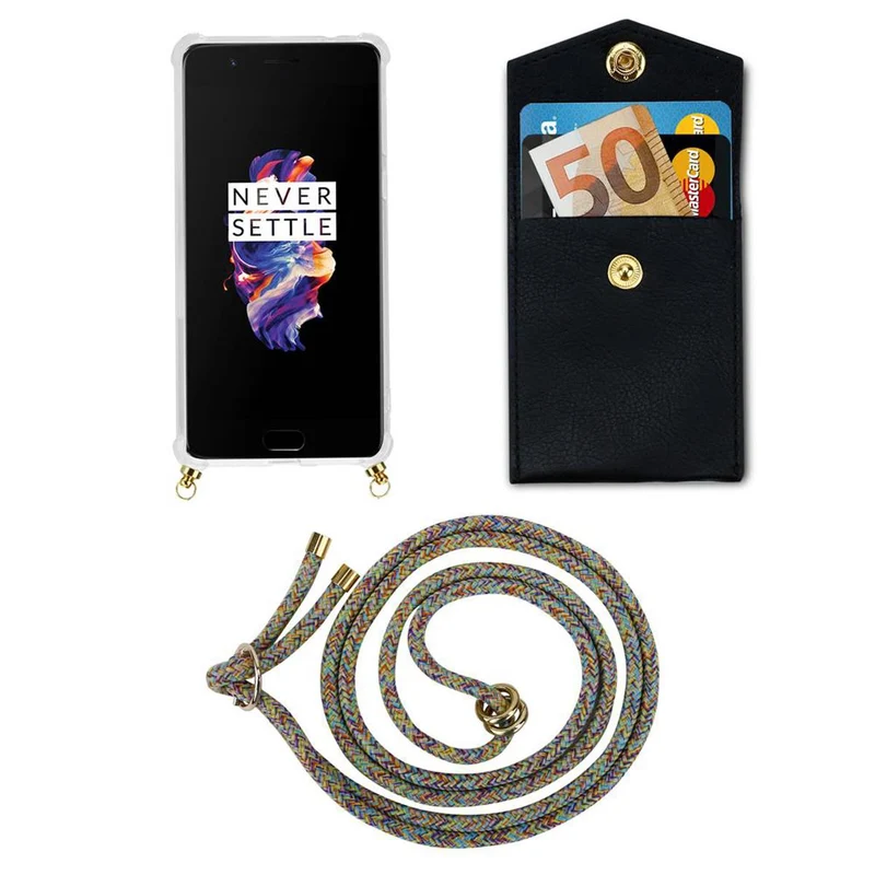 Cadorabo Handy Kette kompatibel mit OnePlus 5 Silikon Schutzhülle mit Gold Ringen, Kordel Band und abnehmbarem Etui