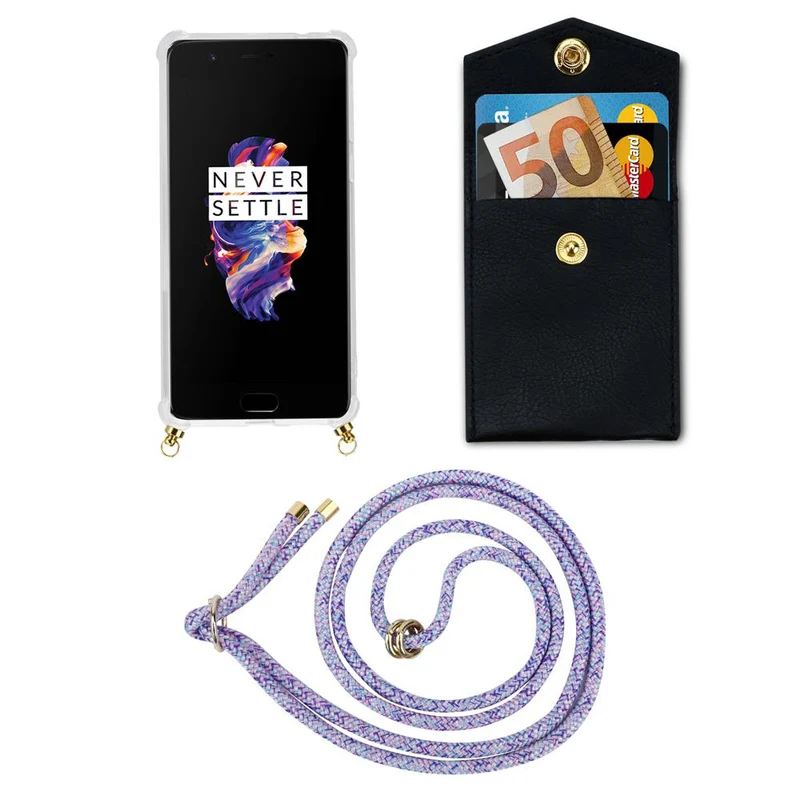 Cadorabo Handy Kette kompatibel mit OnePlus 5 Silikon Schutzhülle mit Gold Ringen, Kordel Band und abnehmbarem Etui