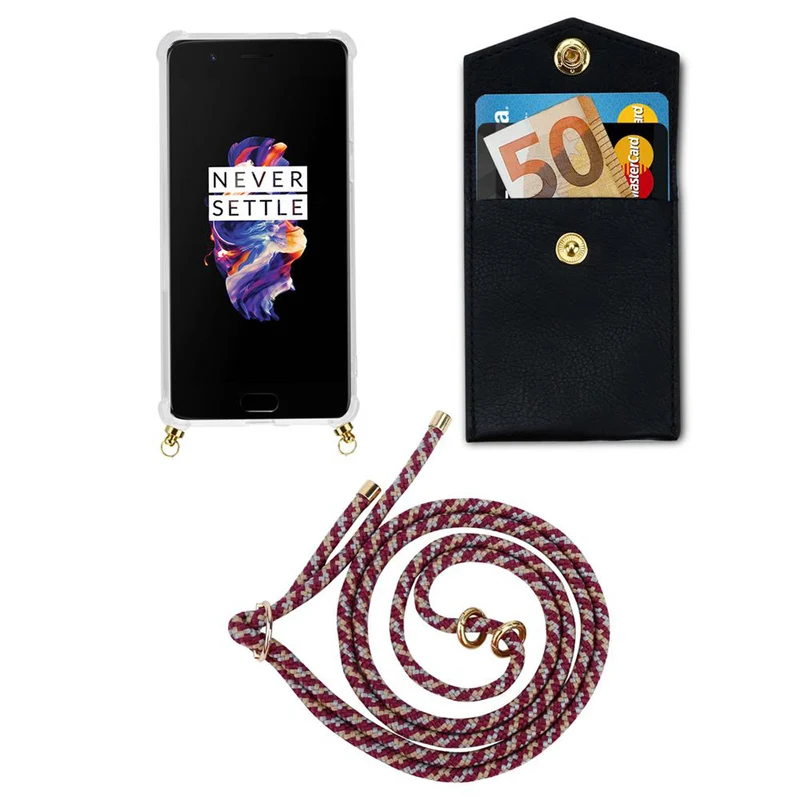 Cadorabo Handy Kette kompatibel mit OnePlus 5 Silikon Schutzhülle mit Gold Ringen, Kordel Band und abnehmbarem Etui