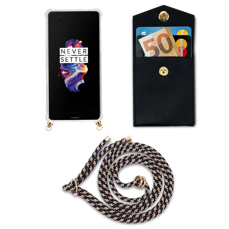 Cadorabo Handy Kette kompatibel mit OnePlus 5 Silikon Schutzhülle mit Gold Ringen, Kordel Band und abnehmbarem Etui