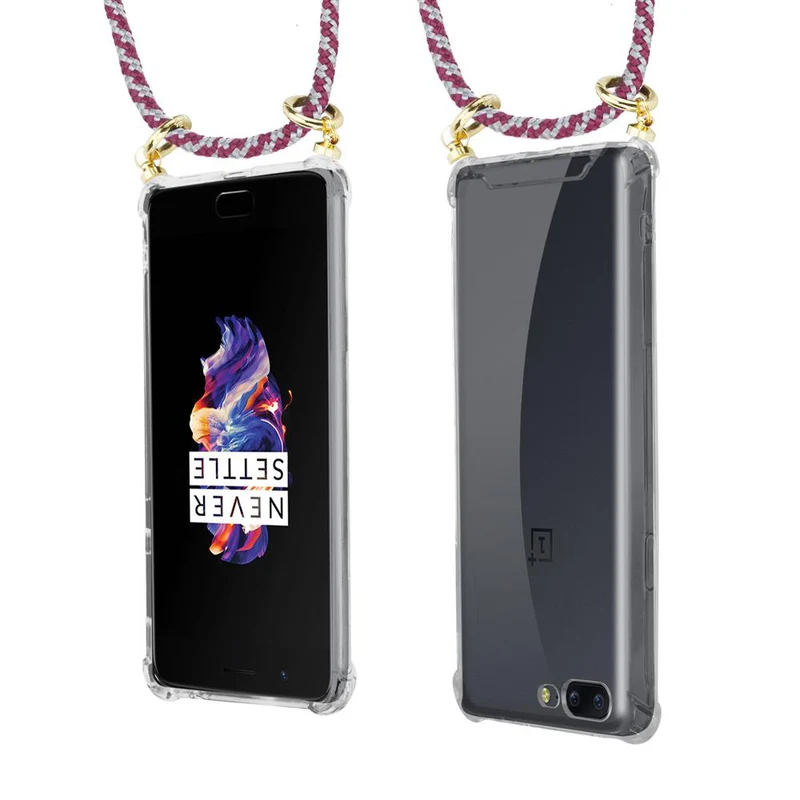 Cadorabo Handy Kette kompatibel mit OnePlus 5 Silikon Schutzhülle mit Gold Ringen, Kordel Band und abnehmbarem Etui