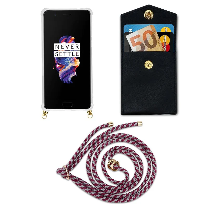 Cadorabo Handy Kette kompatibel mit OnePlus 5 Silikon Schutzhülle mit Gold Ringen, Kordel Band und abnehmbarem Etui