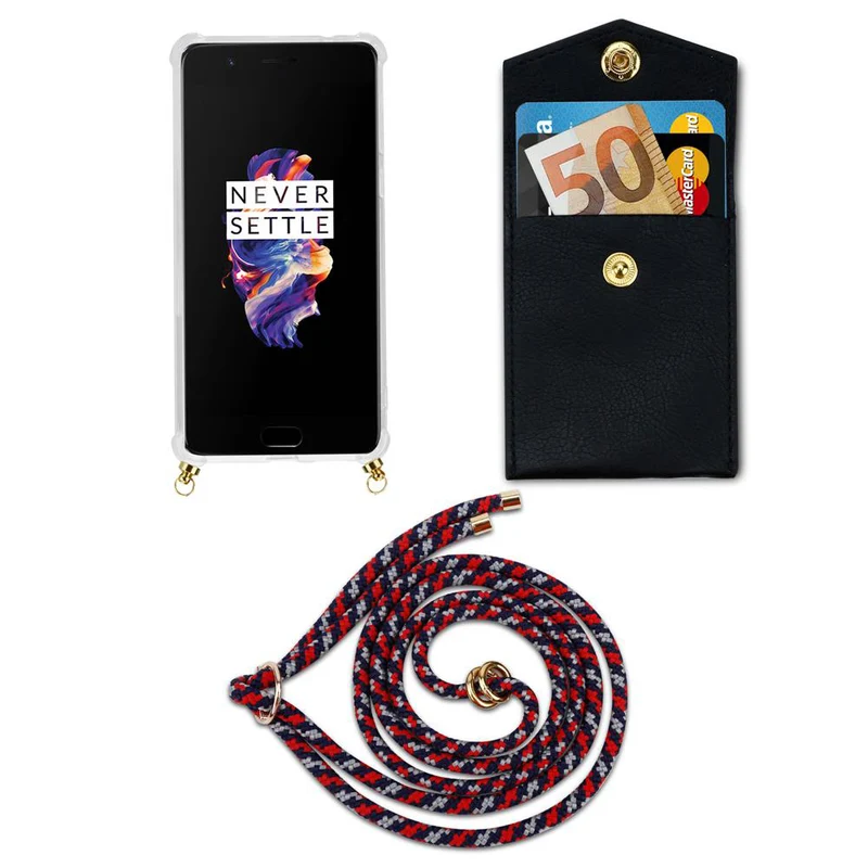 Cadorabo Handy Kette kompatibel mit OnePlus 5 Silikon Schutzhülle mit Gold Ringen, Kordel Band und abnehmbarem Etui