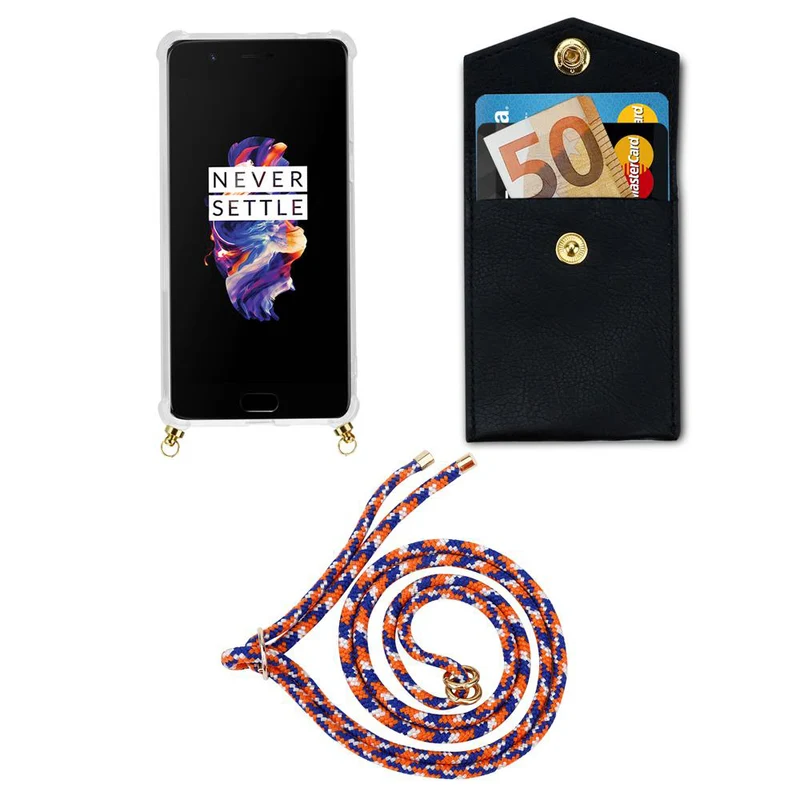 Cadorabo Handy Kette kompatibel mit OnePlus 5 Silikon Schutzhülle mit Gold Ringen, Kordel Band und abnehmbarem Etui