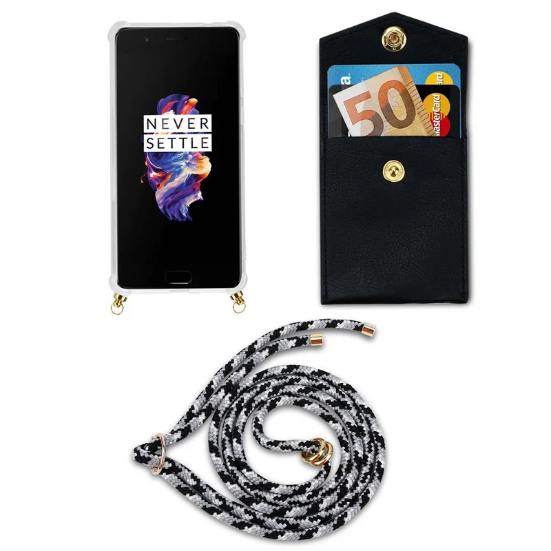 Cadorabo Handy Kette kompatibel mit OnePlus 5 Silikon Schutzhülle mit Gold Ringen, Kordel Band und abnehmbarem Etui
