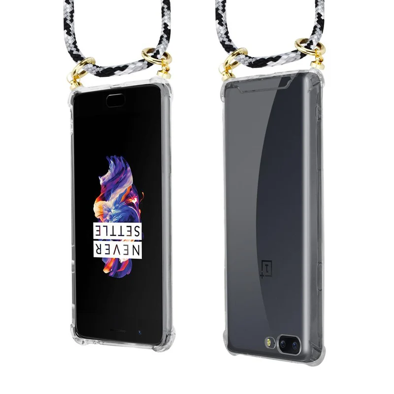 Cadorabo Handy Kette kompatibel mit OnePlus 5 Silikon Schutzhülle mit Gold Ringen, Kordel Band und abnehmbarem Etui