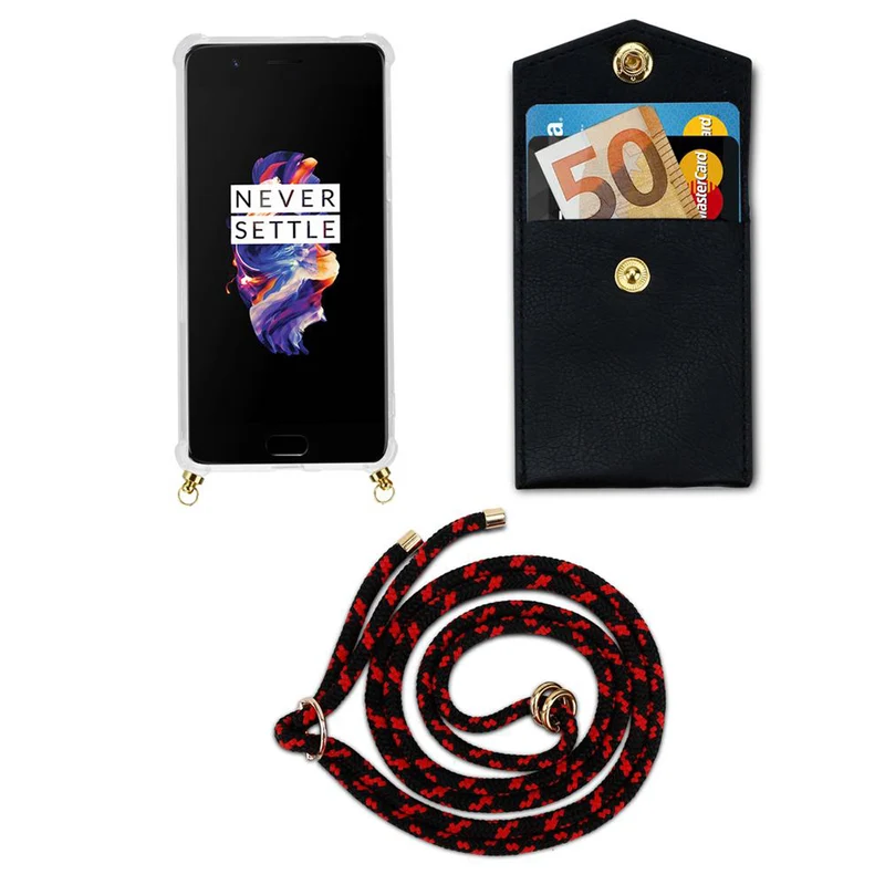 Cadorabo Handy Kette kompatibel mit OnePlus 5 Silikon Schutzhülle mit Gold Ringen, Kordel Band und abnehmbarem Etui