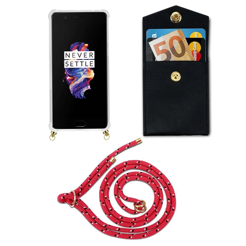 Cadorabo Handy Kette kompatibel mit OnePlus 5 Silikon Schutzhülle mit Gold Ringen, Kordel Band und abnehmbarem Etui