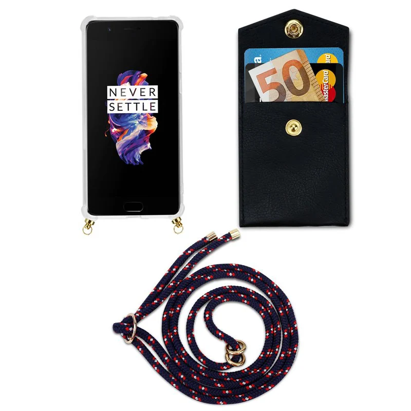 Cadorabo Handy Kette kompatibel mit OnePlus 5 Silikon Schutzhülle mit Gold Ringen, Kordel Band und abnehmbarem Etui