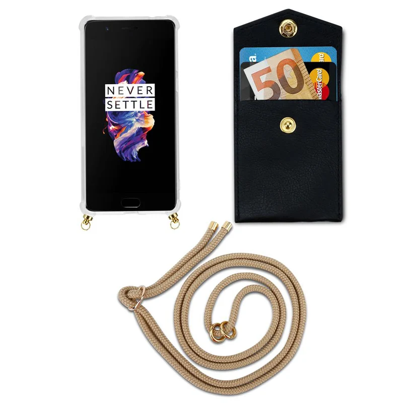 Cadorabo Handy Kette kompatibel mit OnePlus 5 Silikon Schutzhülle mit Gold Ringen, Kordel Band und abnehmbarem Etui