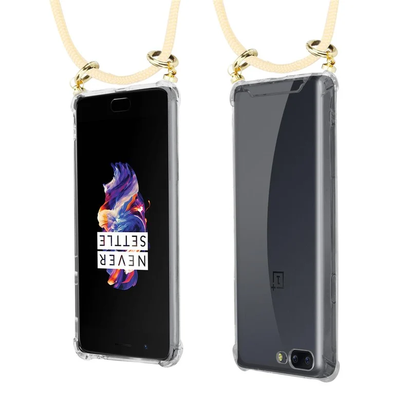 Cadorabo Handy Kette kompatibel mit OnePlus 5 Silikon Schutzhülle mit Gold Ringen, Kordel Band und abnehmbarem Etui