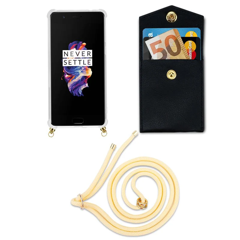 Cadorabo Handy Kette kompatibel mit OnePlus 5 Silikon Schutzhülle mit Gold Ringen, Kordel Band und abnehmbarem Etui