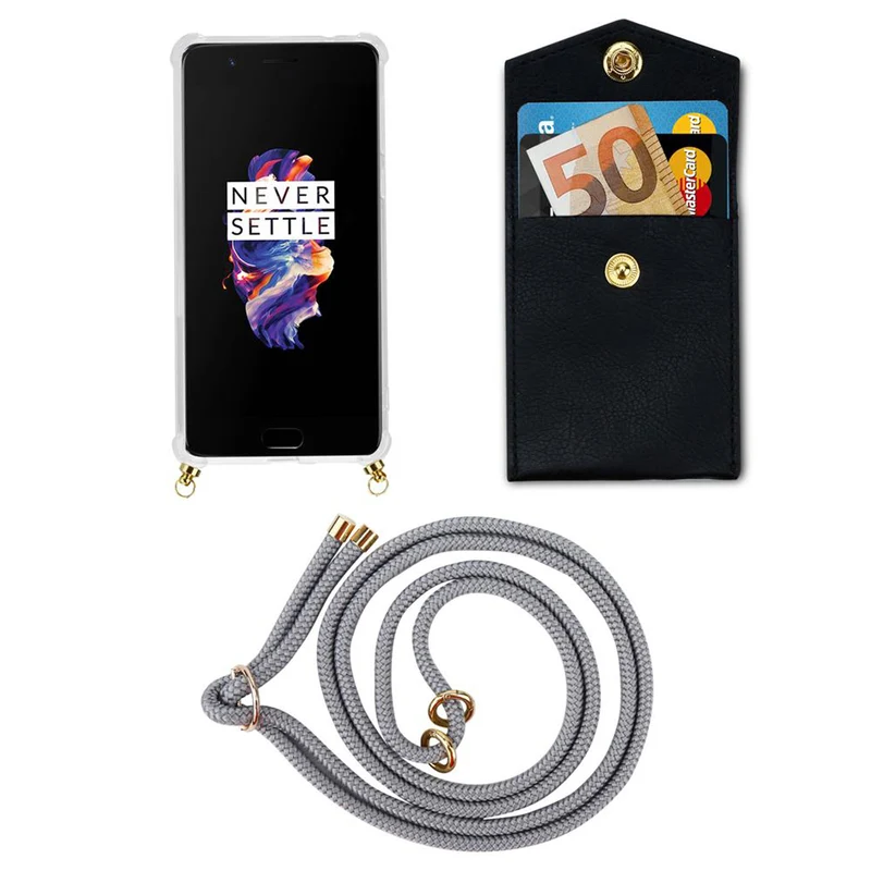 Cadorabo Handy Kette kompatibel mit OnePlus 5 Silikon Schutzhülle mit Gold Ringen, Kordel Band und abnehmbarem Etui