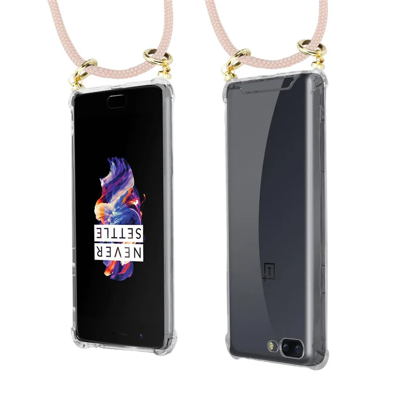 Cadorabo Handy Kette kompatibel mit OnePlus 5 Silikon Schutzhülle mit Gold Ringen, Kordel Band und abnehmbarem Etui