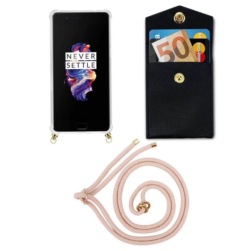Cadorabo Handy Kette kompatibel mit OnePlus 5 Silikon Schutzhülle mit Gold Ringen, Kordel Band und abnehmbarem Etui