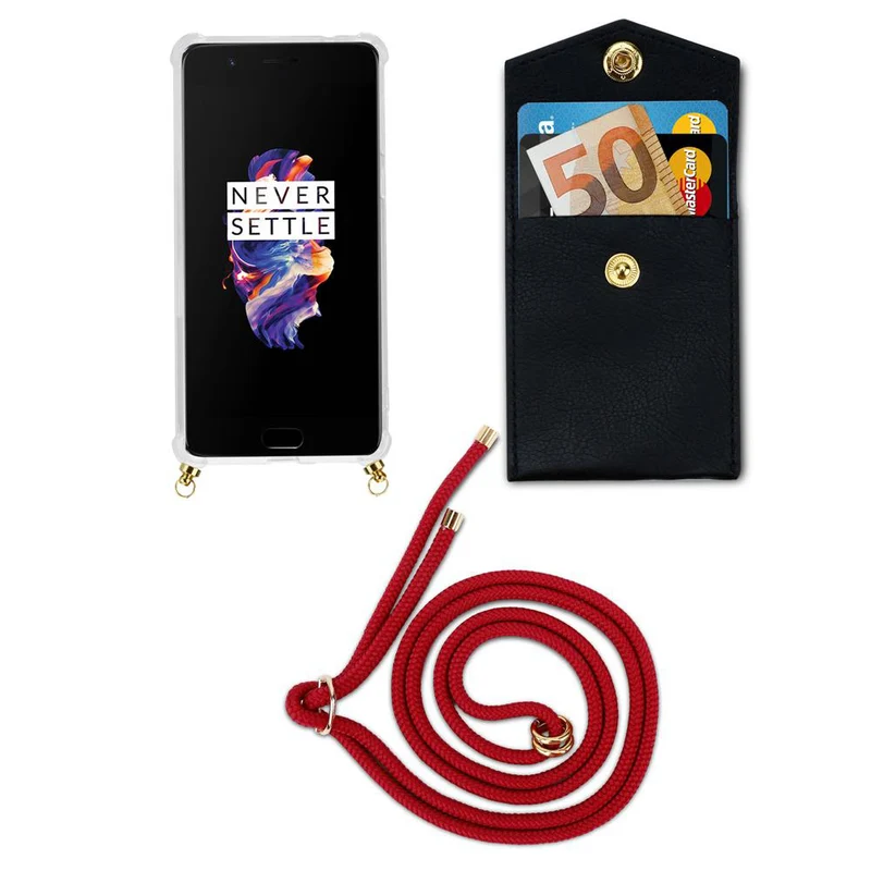 Cadorabo Handy Kette kompatibel mit OnePlus 5 Silikon Schutzhülle mit Gold Ringen, Kordel Band und abnehmbarem Etui