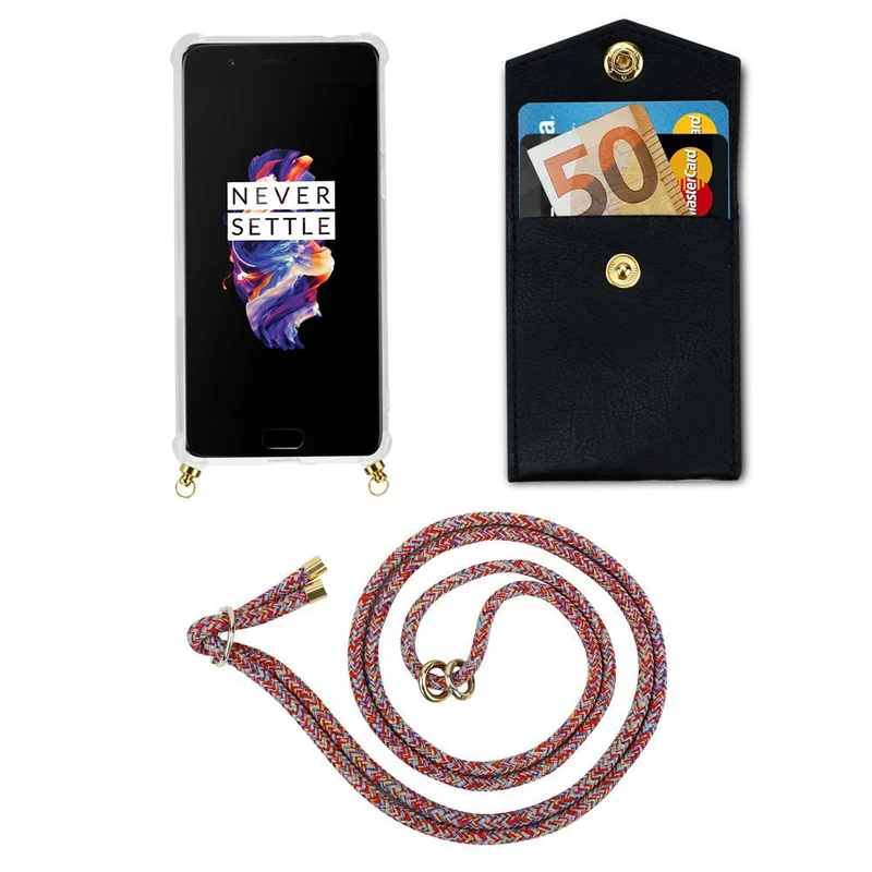 Cadorabo Handy Kette kompatibel mit OnePlus 5 Silikon Schutzhülle mit Gold Ringen, Kordel Band und abnehmbarem Etui