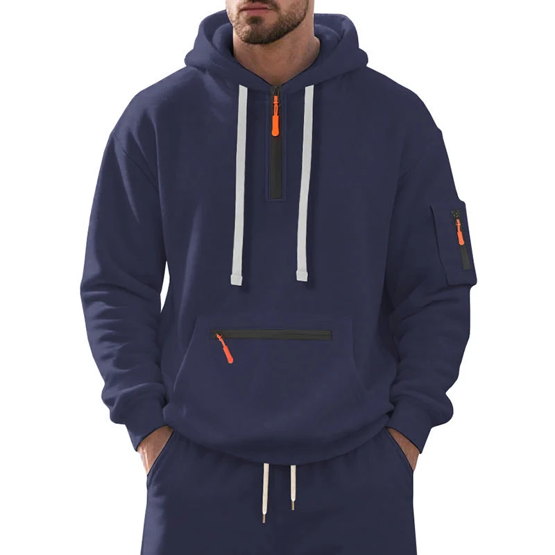 Herren nan technischer Freizeit-Hoodie mit kurzem mittigem Reißverschluss, Reißverschluss-Kängurutasche und Ärmeltasche Drune