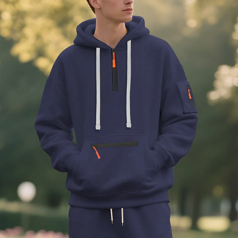 Herren nan technischer Freizeit-Hoodie mit kurzem mittigem Reißverschluss, Reißverschluss-Kängurutasche und Ärmeltasche Drune