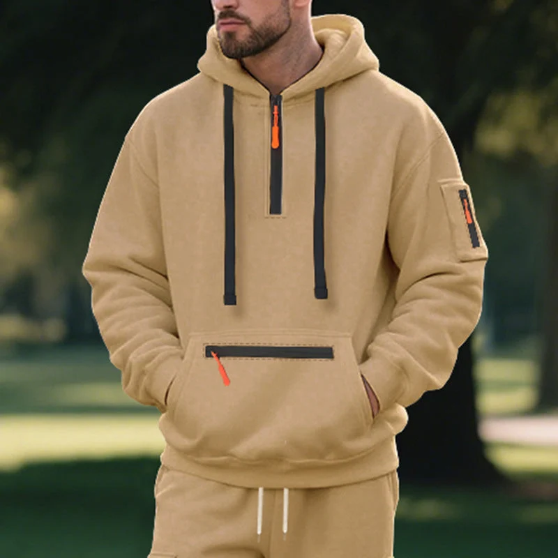 Herren nan technischer Freizeit-Hoodie mit kurzem mittigem Reißverschluss, Reißverschluss-Kängurutasche und Ärmeltasche Drune
