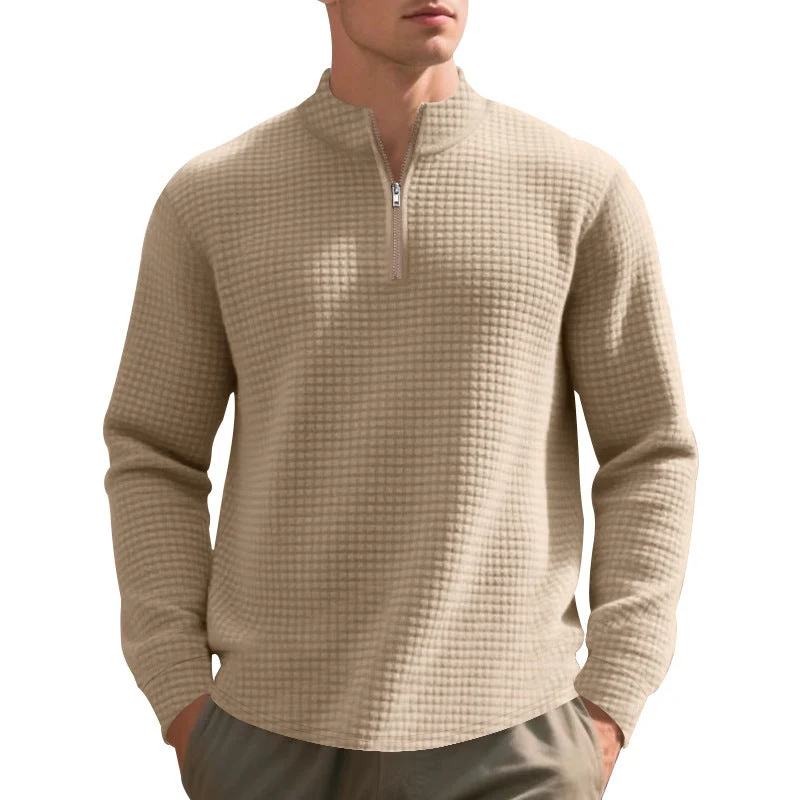 Herren nan urbaner Halbzip-Pullover mit feiner Quadratstruktur und hohem Stehkragen Drune