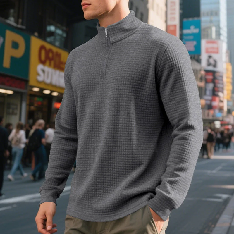 Herren nan urbaner Halbzip-Pullover mit feiner Quadratstruktur und hohem Stehkragen Drune