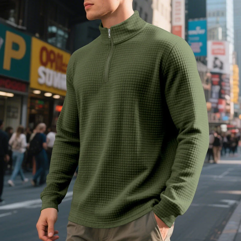 Herren nan urbaner Halbzip-Pullover mit feiner Quadratstruktur und hohem Stehkragen Drune