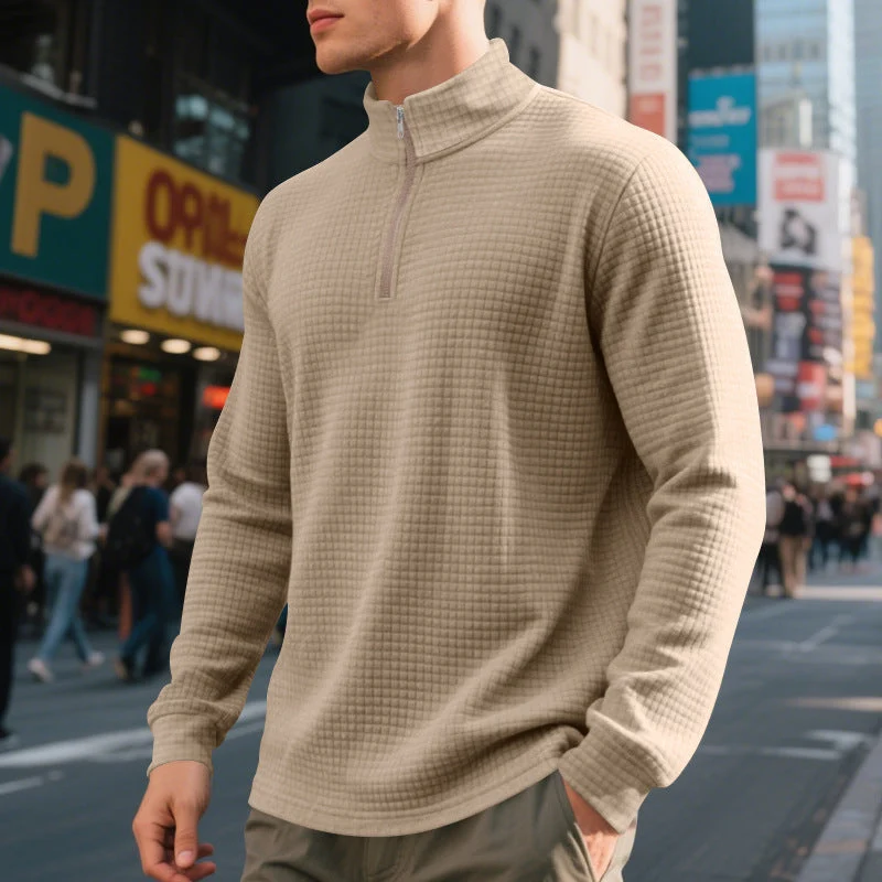 Herren nan urbaner Halbzip-Pullover mit feiner Quadratstruktur und hohem Stehkragen Drune