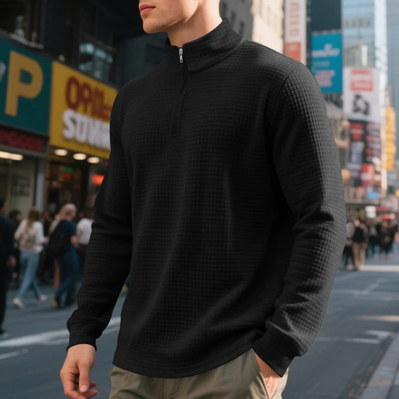 Herren nan urbaner Halbzip-Pullover mit feiner Quadratstruktur und hohem Stehkragen Drune