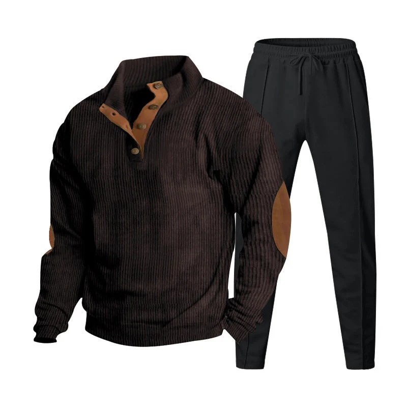 Herren nan strukturiertes Strick-Loungewear-Set mit halber Knopfleiste, kontrastreichen Ellbogenpatches und elastischem Tunnelzug-Jogger Drune