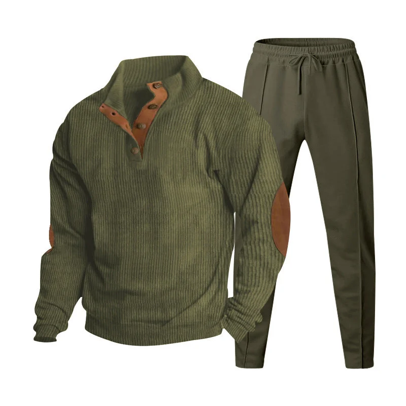 Herren nan strukturiertes Strick-Loungewear-Set mit halber Knopfleiste, kontrastreichen Ellbogenpatches und elastischem Tunnelzug-Jogger Drune