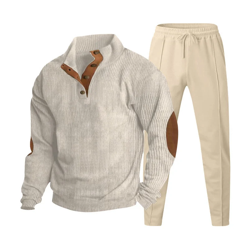 Herren nan strukturiertes Strick-Loungewear-Set mit halber Knopfleiste, kontrastreichen Ellbogenpatches und elastischem Tunnelzug-Jogger Drune