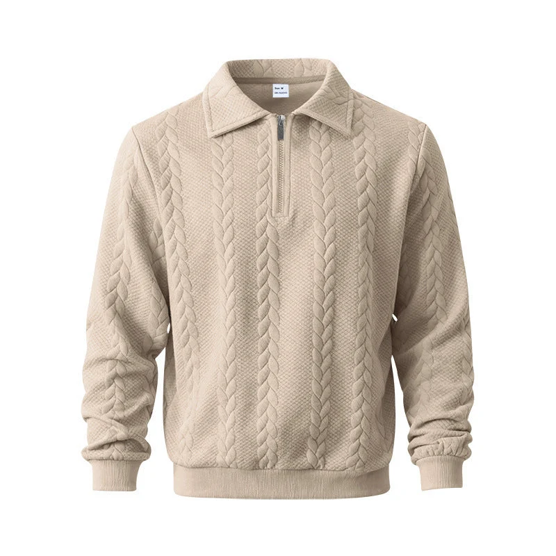 Herren nan strukturierter Strickpullover mit halbem Reißverschluss, Polokragen und Zopfmuster Drune