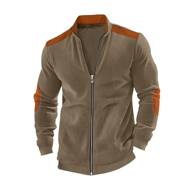 Herren nan Stehkragen-Sweatjacke mit feiner Rippstruktur, Ellbogen-Patches und kontrastierenden Schulterdetails Drune