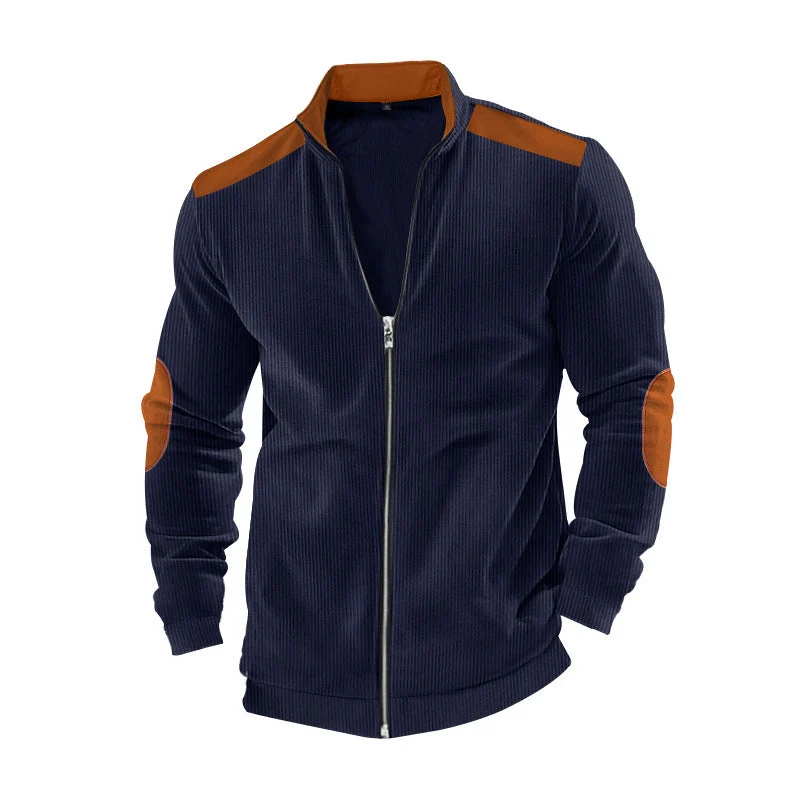 Herren nan Stehkragen-Sweatjacke mit feiner Rippstruktur, Ellbogen-Patches und kontrastierenden Schulterdetails Drune
