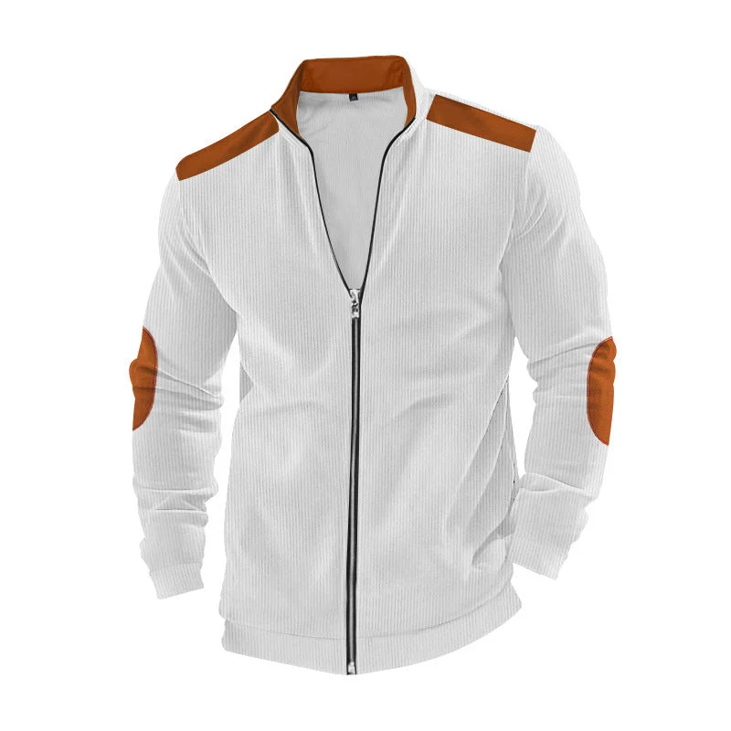 Herren nan Stehkragen-Sweatjacke mit feiner Rippstruktur, Ellbogen-Patches und kontrastierenden Schulterdetails Drune