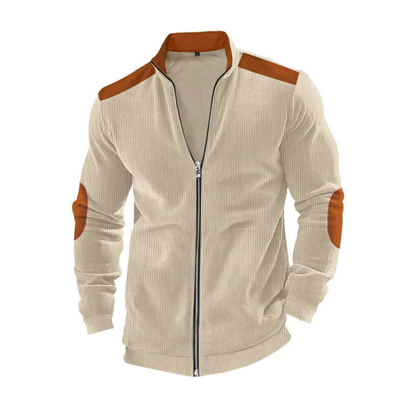 Herren nan Stehkragen-Sweatjacke mit feiner Rippstruktur, Ellbogen-Patches und kontrastierenden Schulterdetails Drune