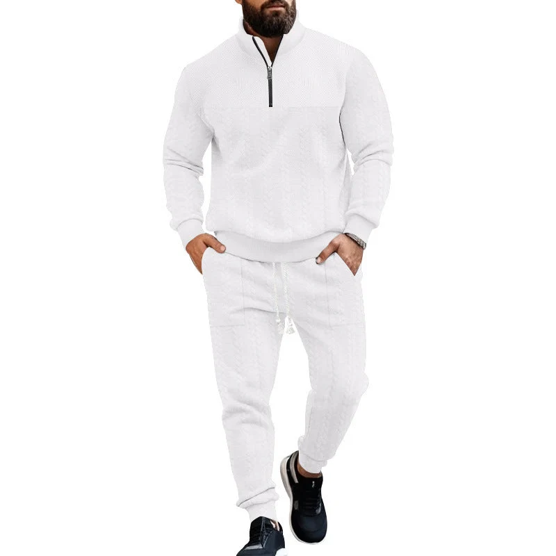 Herren nan Strick-Trainingsset mit halbem Reißverschluss, Zopfmuster-Pulli und Kordelzug-Jogger Drune