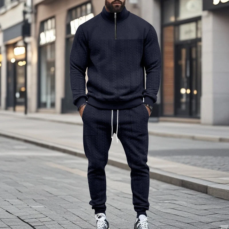 Herren nan Strick-Trainingsset mit halbem Reißverschluss, Zopfmuster-Pulli und Kordelzug-Jogger Drune