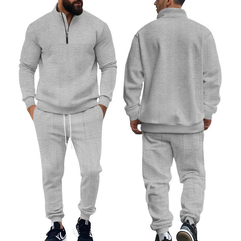 Herren nan Strick-Trainingsset mit halbem Reißverschluss, Zopfmuster-Pulli und Kordelzug-Jogger Drune