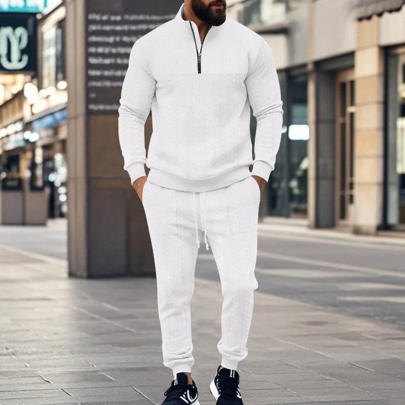 Herren nan Strick-Trainingsset mit halbem Reißverschluss, Zopfmuster-Pulli und Kordelzug-Jogger Drune