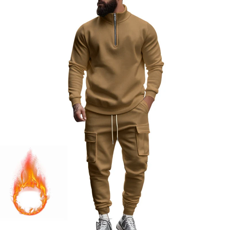 Herren nan Strick-Trainingsset mit halbem Reißverschluss, Zopfmuster-Pulli und Kordelzug-Jogger Drune