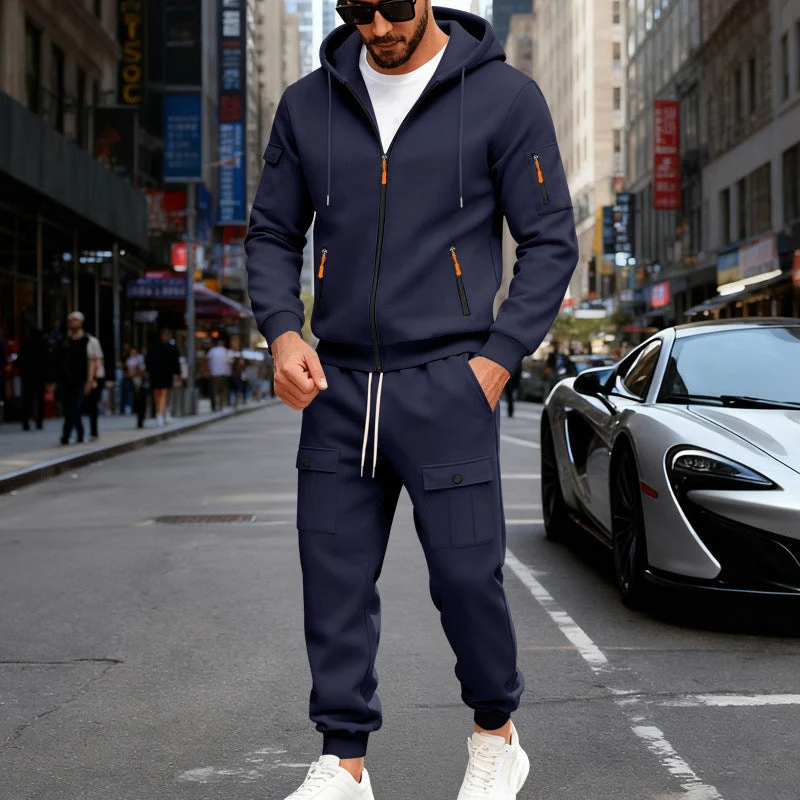 Herren nan sportliches Cargo-Jogging-Set mit Kapuzenjacke, durchgehendem Reißverschluss und funktionalen Mehrzwecktaschen Drune