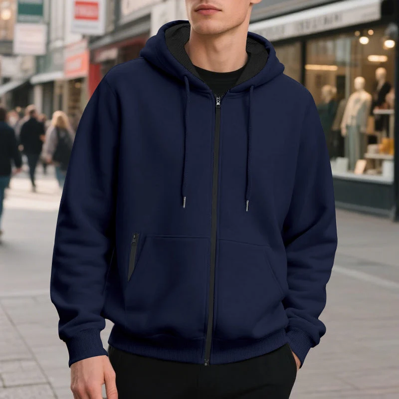 Herren nan oversized Zip-Hoodie mit durchgehendem Reißverschluss, Kängurutasche und gerippten Bündchen Drune