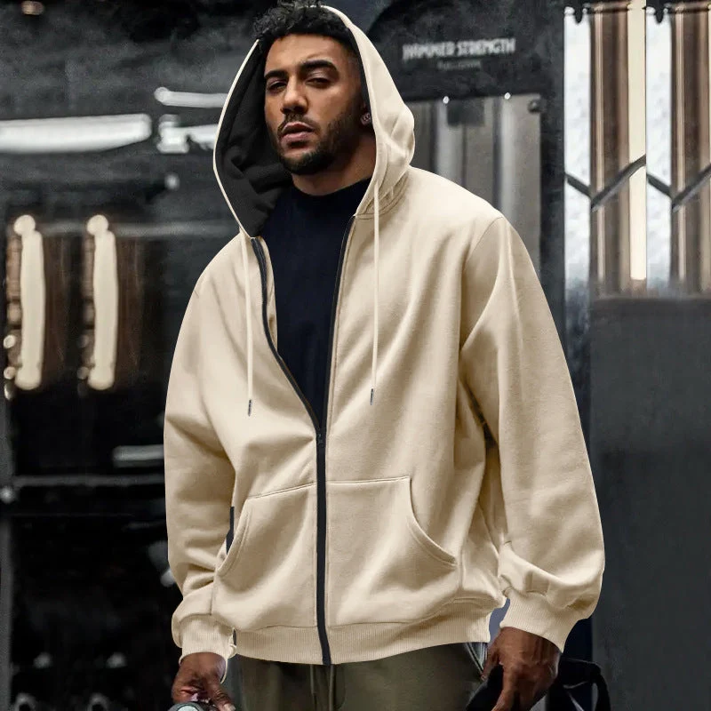 Herren nan oversized Zip-Hoodie mit durchgehendem Reißverschluss, Kängurutasche und gerippten Bündchen Drune