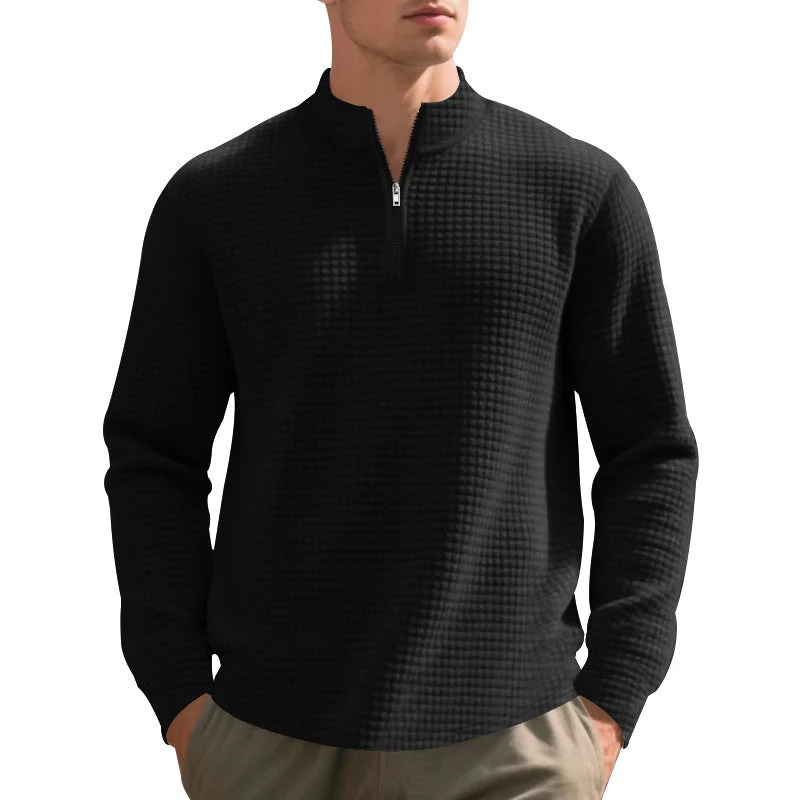 Herren nan leichtes Waffelstrick-Halbzip-Pullover mit Stehkragen und atmungsaktivem Baumwollmix Drune