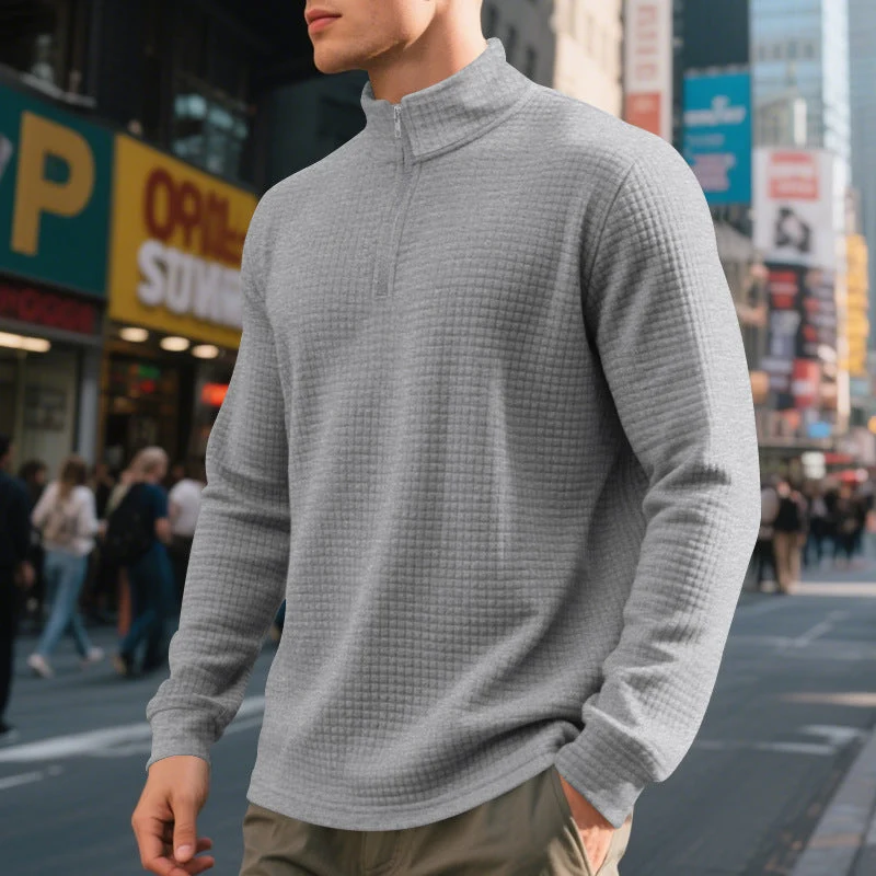 Herren nan leichtes Waffelstrick-Halbzip-Pullover mit Stehkragen und atmungsaktivem Baumwollmix Drune